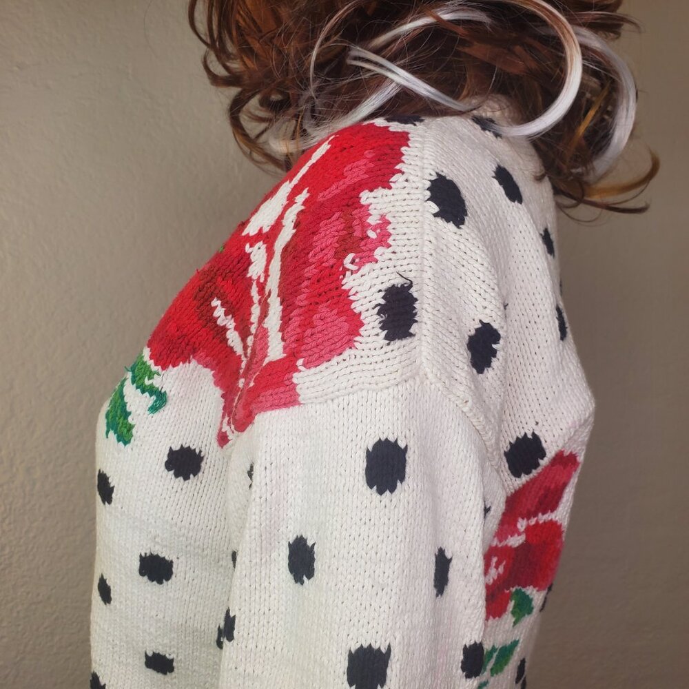 American Vintage Red Rose Polka Dot Print White Chunky Cardigan Grandma Cotton M - Picture 9 of 11